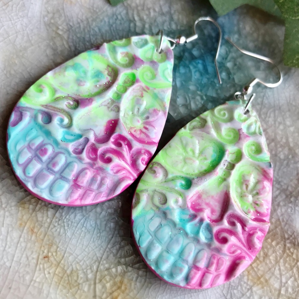 Handmade Sugar Skull Stamped Polymer Clay Earrings
